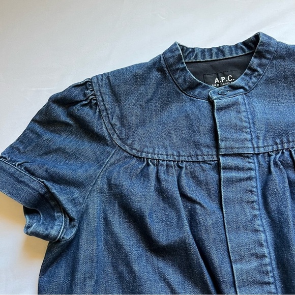 A.P.C. blue denim button up short puff sleeve mini dress - Picture 4 of 7